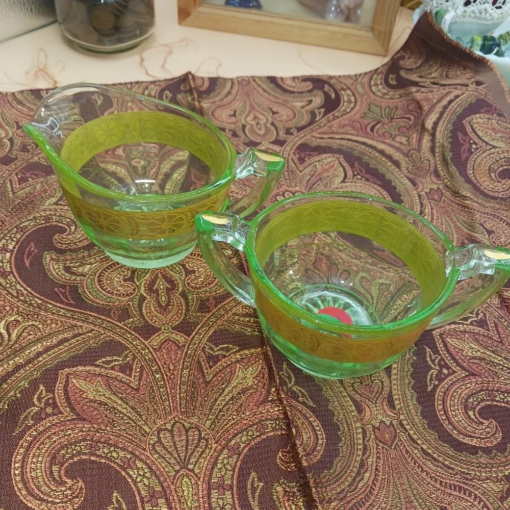 Vtg Green Uranium Glass Creamer & Sugar Bowl Floral w Gold Gilt
